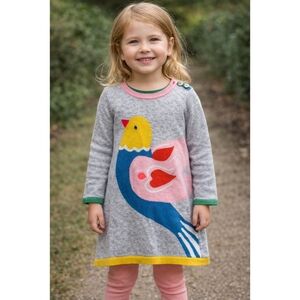 Mini Boden Gray Dress with Colorful Bird Design